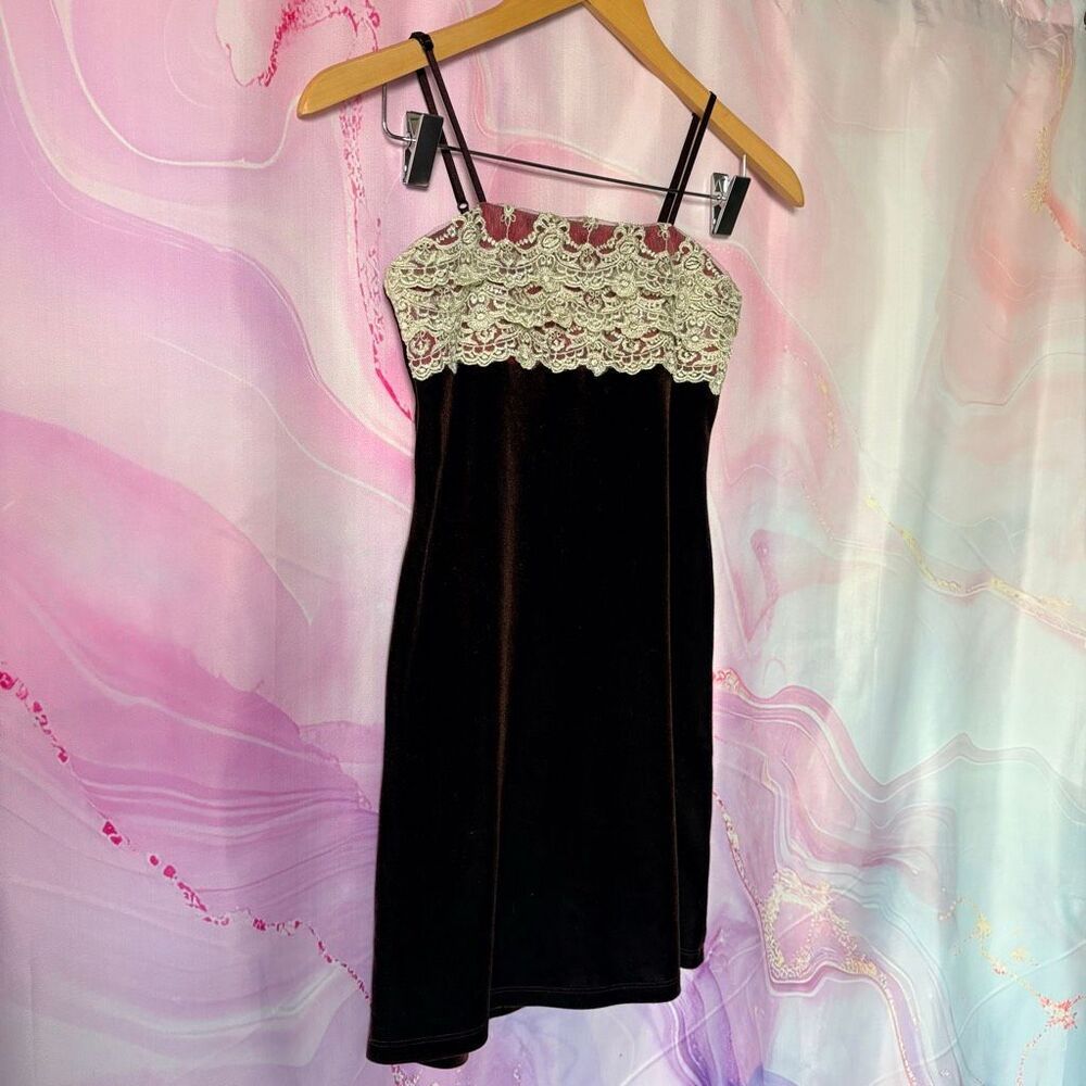 Vintage 90s Y2K Brown Velvet Dress Cream Lace Bust Romantic Cocktail Party